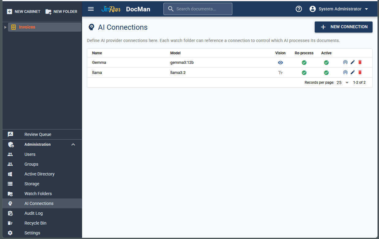 DocuMan AI Connections page showing gemma3:12b and llama3.2 models configured