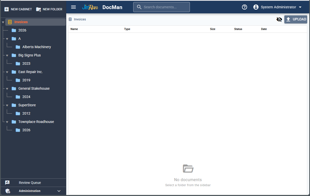 DocuMan showing AI-created folder structure in the Invoices cabinet