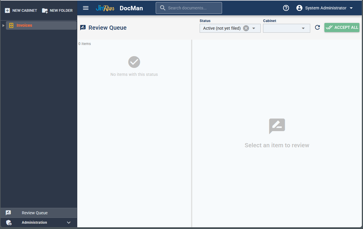 DocuMan Review Queue showing AI-suggested filings pending approval