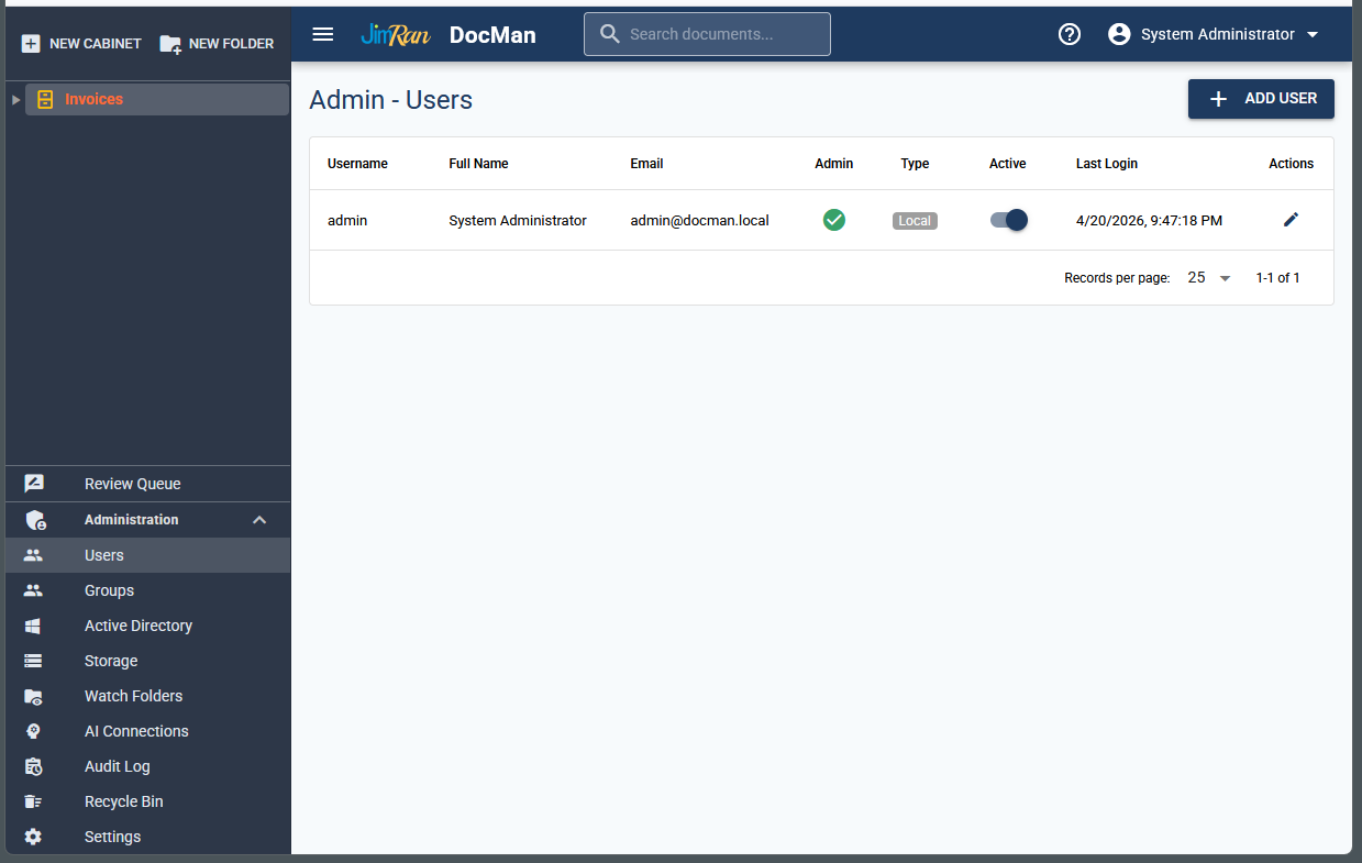 DocuMan user management and administration panel