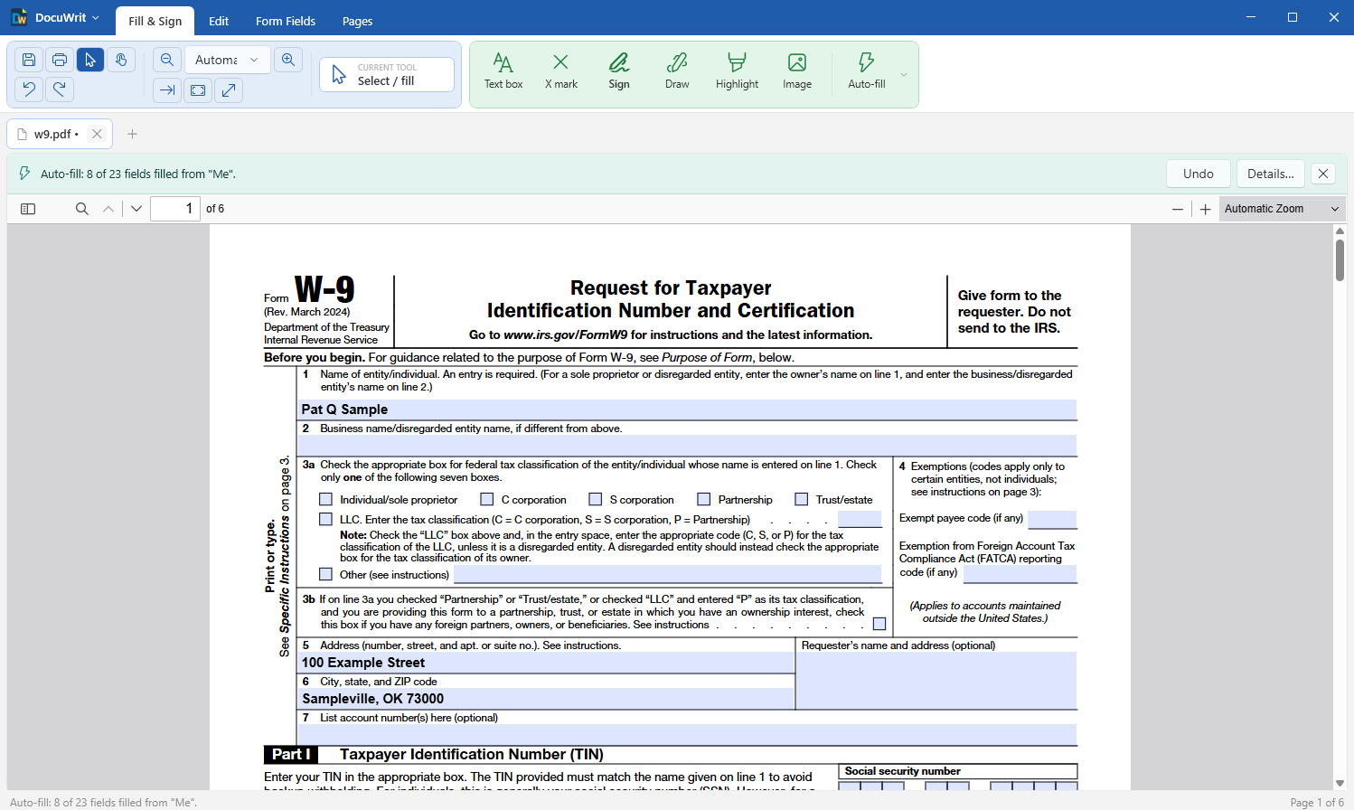 DocuWrit after Auto-fill: name and address filled into a tax form, with a bar saying 8 of 23 fields filled and an Undo button