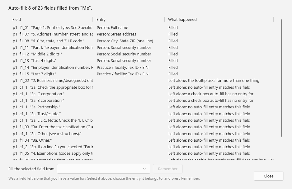 DocuWrit Auto-fill details: a list of form fields, the entry each was recognised as, and whether it was filled or left alone and why