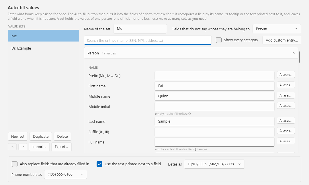 DocuWrit Auto-fill values window: value sets on the left, the entries of a person with name fields and an Aliases button on the right
