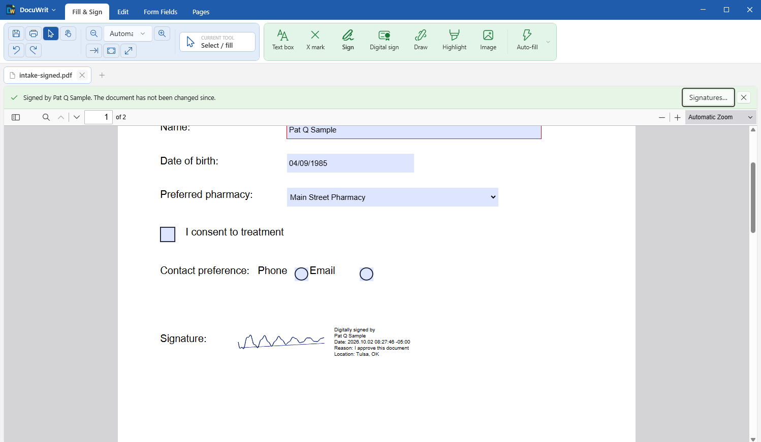 DocuWrit showing a digitally signed form with a green bar: Signed by Pat Q Sample, the document has not been changed since