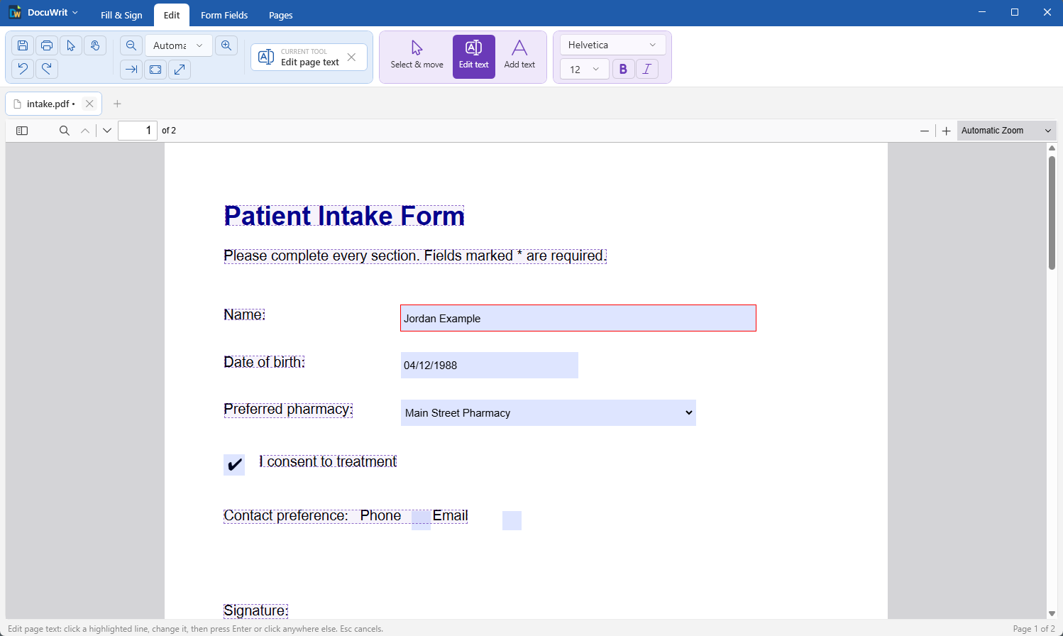 DocuWrit Edit text tool with every editable line of the page outlined