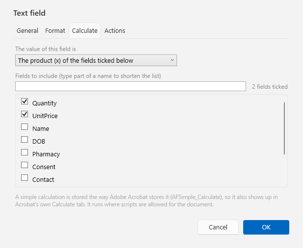 DocuWrit field properties, Calculate tab: the value of this field is the product of the fields ticked below