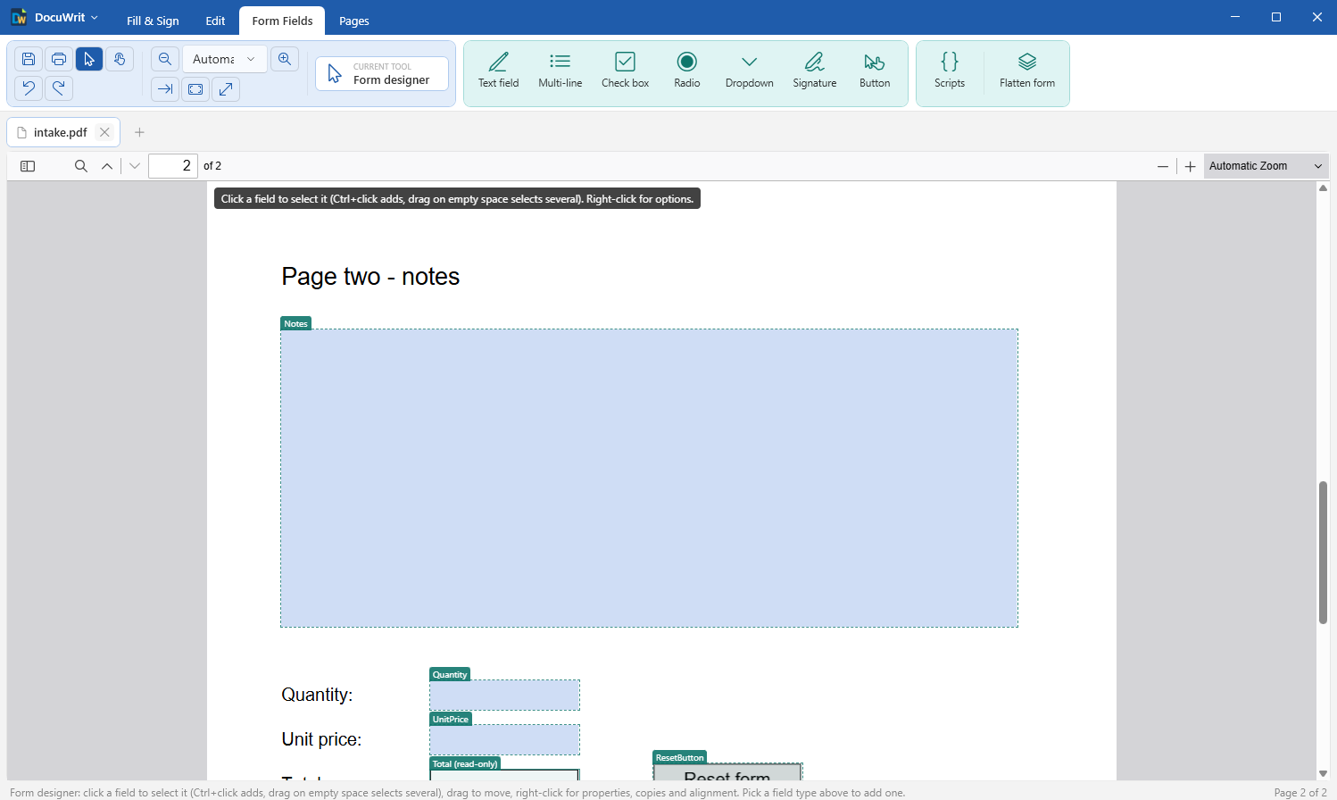 DocuWrit form designer showing each field as a named box