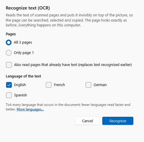 DocuWrit Recognize text window: which pages, and the languages English, French, German and Spanish