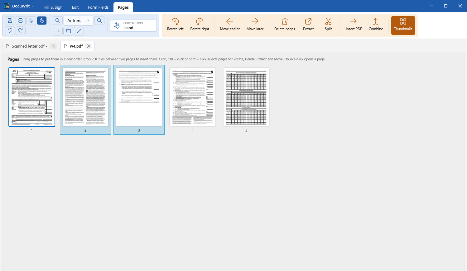 DocuWrit Pages tab: every page as a thumbnail, with buttons for Rotate, Move, Delete, Extract, Split, Insert PDF and Combine
