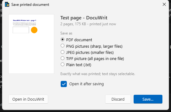 Save printed document window with the choices PDF, PNG, JPEG, TIFF and plain text