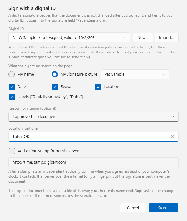 DocuWrit Sign with a digital ID window: the digital ID, a choice between the name and a signature picture, date, reason, location and labels, reason for signing, location, and an optional time stamp