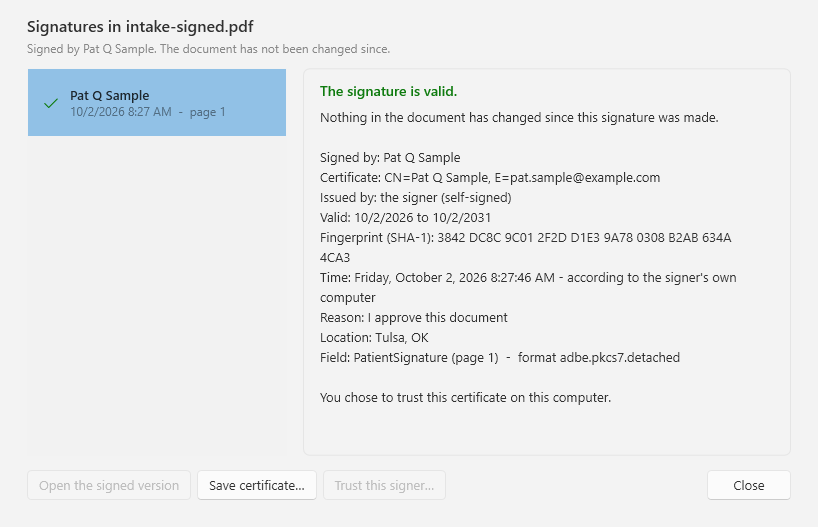 DocuWrit Signatures window: the signer, the certificate with its fingerprint, the time of signing, reason and location, and the verdict The signature is valid